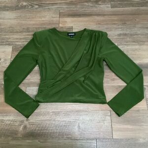 Express women small Green Fitted Wrap crop top with shoulder pads long sleeve